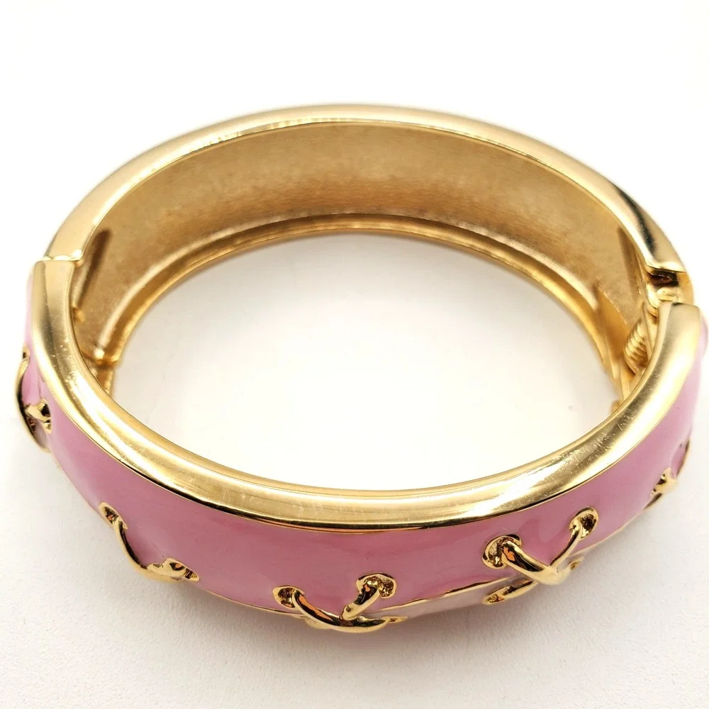 Vintage Pink Enamel Clamper Bracelet Laced Crisscross Gold Tone